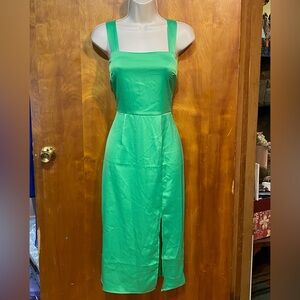 NWT Francesca’s blue rain midi dress,bright green,fitted waist,shoulder straps,S